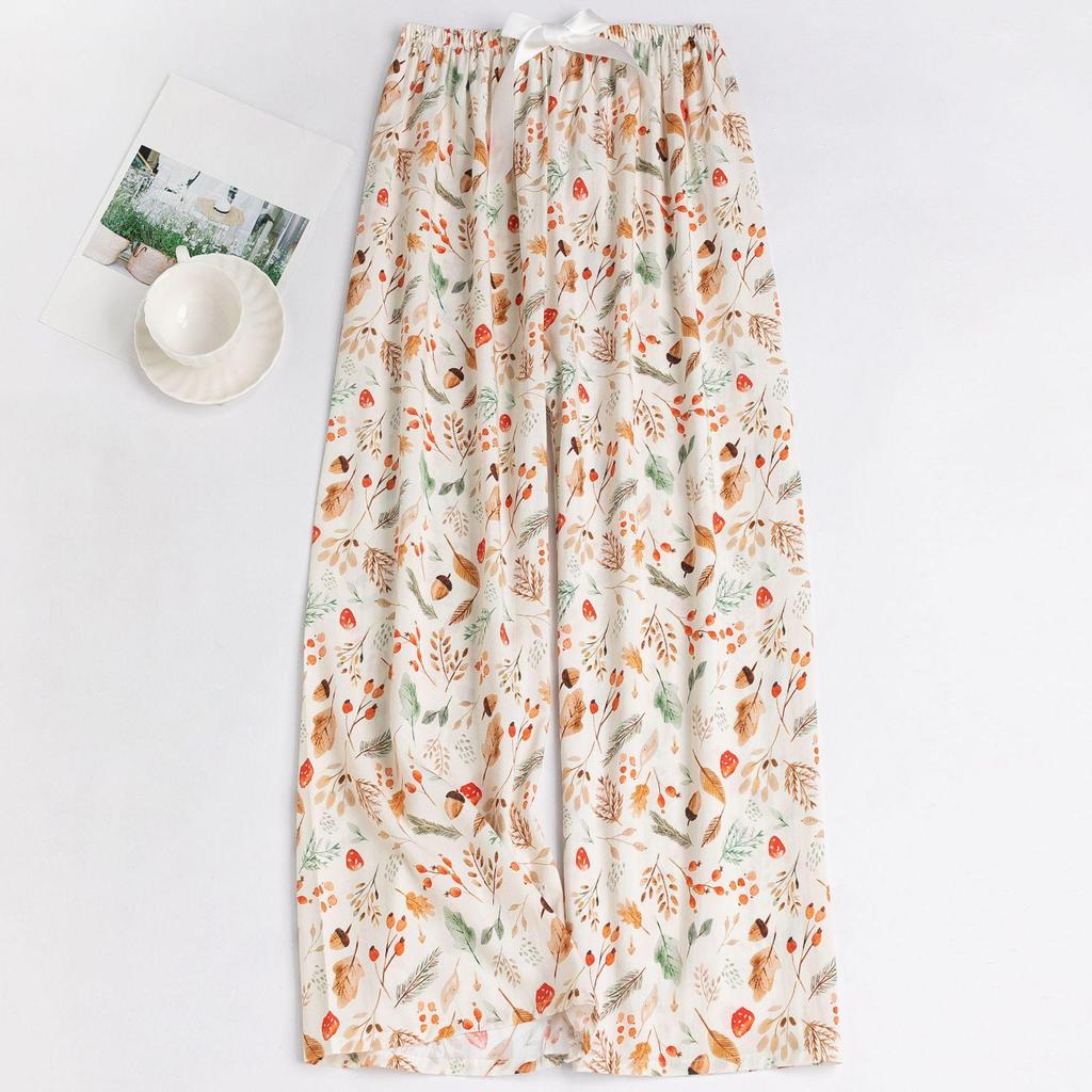 Women's Floral Cotton Silk Pajama Pants, Mosquito Repellent, Outdoor & Home Wear, Plus Size, Lightweight Summer Style.