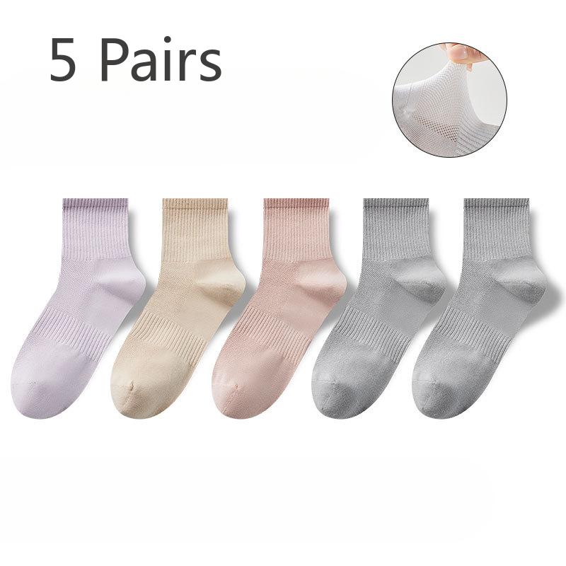 5 Pairs of Women's Spring and Summer Thin Cotton Pure Color Sweat Absorbent Tube Socks