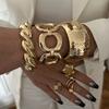 Wide Bangles Minimalist Hollow Out Alloy Copper Color Bracelets For Women Accessories Fashion Jewellery Engagement Party Gift