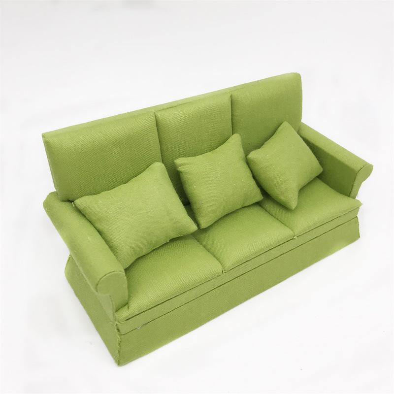 1:12 Miniature Three-Seat Dollhouse Sofa with Throw Pillows