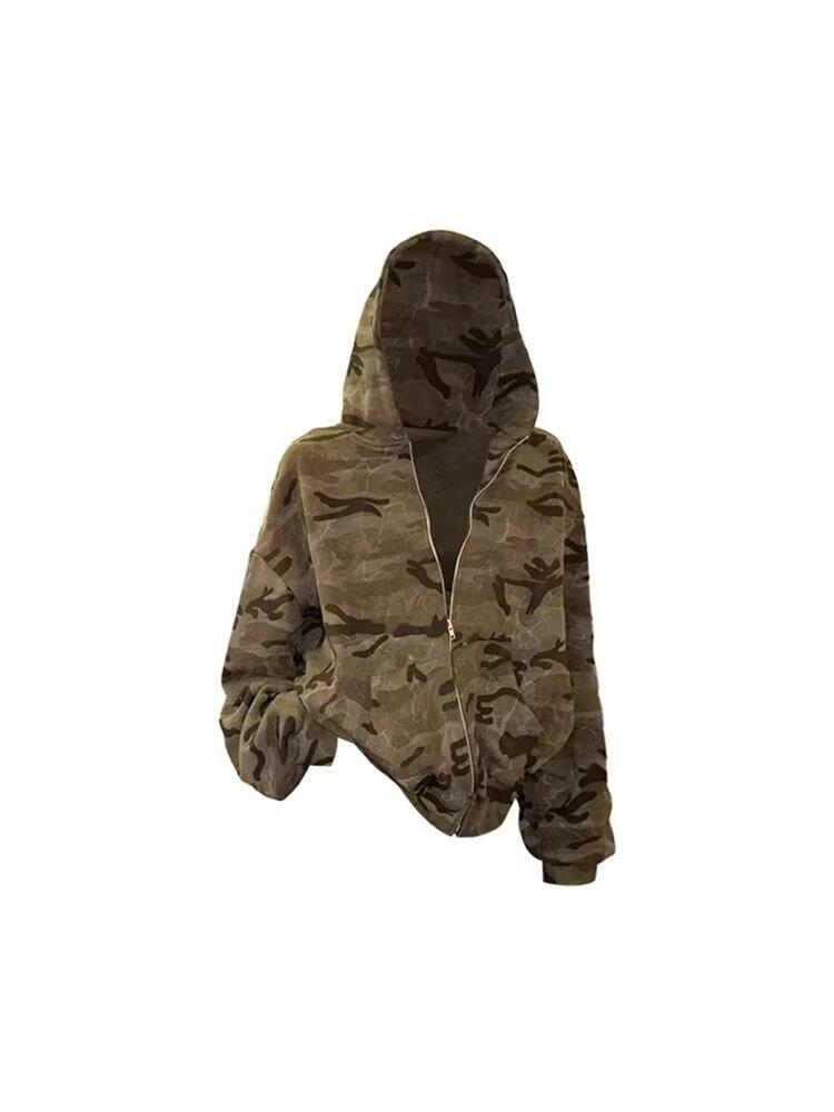 American Retro Camo Streetwear Hoodie for Men & Women - Trendy Unisex Zipper Jacket