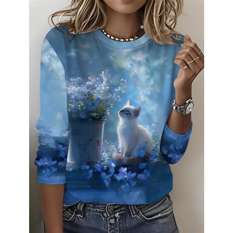 

Футболки с круглым вырезом и 3D-рисунком кошки, повседневные женские футболки с длинным рукавом - мягкая полиэстеровая ткань средней эластичности, одежда свободного кроя для весны и осени XL