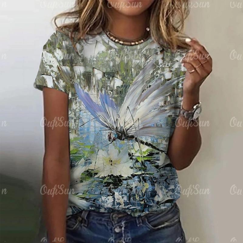 2024 Fashion Women's Short Sleeve Women's T-Shirt Dragonfly Print Fashion T-Shirt for Women Basic Casual Women's Oversized Top