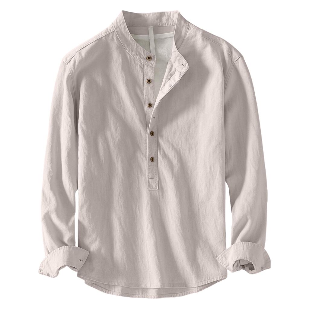 Men's Long Sleeve Slub Linen Pullover Shirt Casual Buttonless Top for Spring and Fall