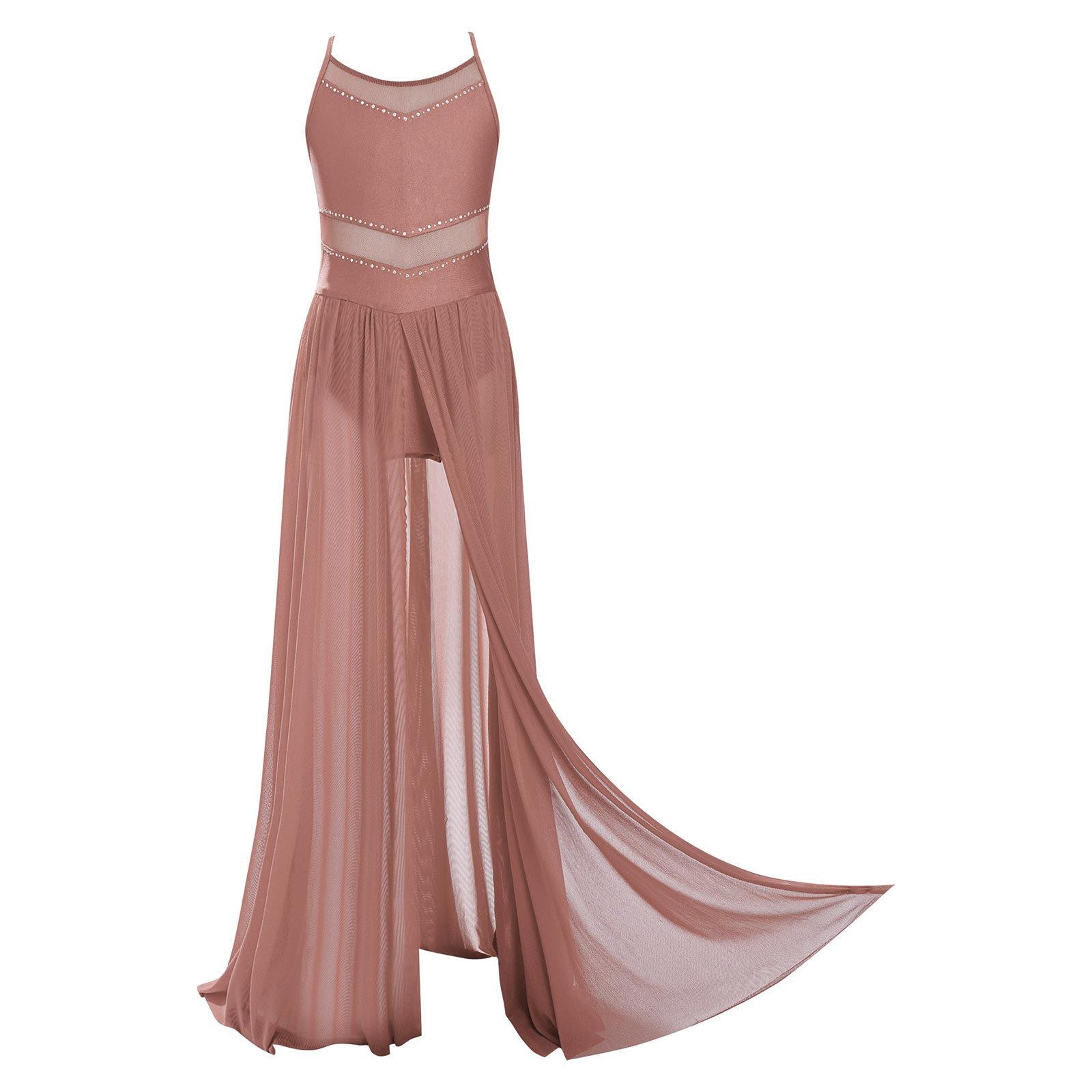 

Дівчаче ліричне танцювальне плаття з перехресними бретелями на спині, бретелями-спагеті, розрізом та струменіючим сітчастим дизайном, костюм для виступу 5-6 Years рожевий