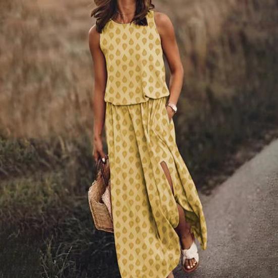 Damen Ärmelloses Maxi Kleid Lässig Rundhals Elastische Taille Schlitz Langes Kleid