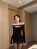 Women's Spicy Off-Shoulder Hollow Out Long Sleeve Top, Slim Fit, Waist-Cinching, Black Base Layer for Spring.