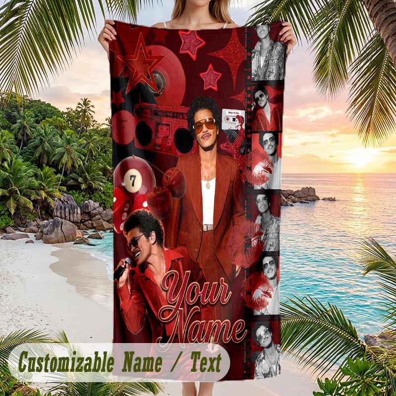 Bruno Mars Beach Towel, Personalized Custom Name Text, Quick Dry Large Absorbent Towel For Beach Pool