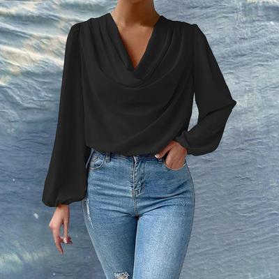 Chiffon-Hemd für Damen, drapierter Kragen, Laternenärmel, Pullover-Oberteile, einfarbig, lockere Passform, Pendler-Oberteil für den Alltag