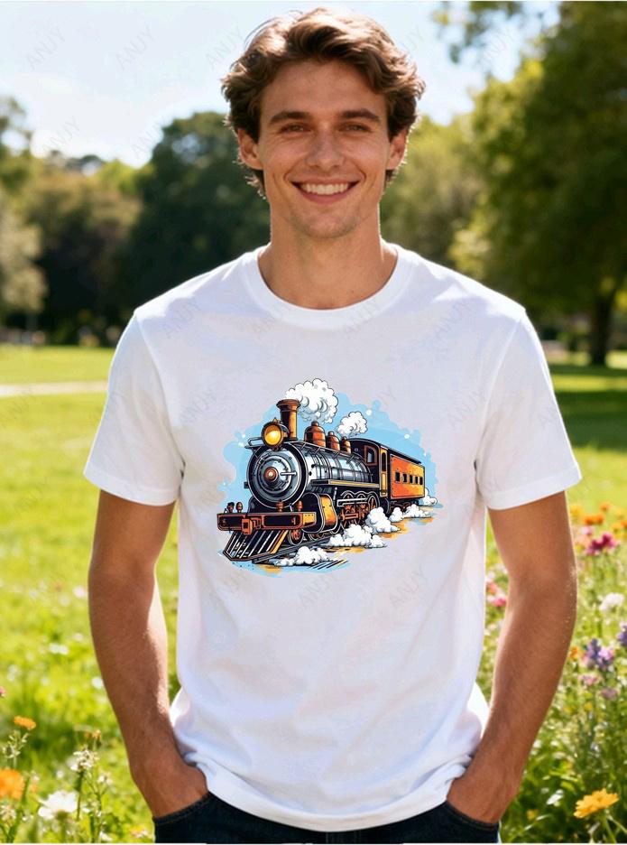Cartoon Colored Steam Train Printed Short Sleeved T-shirt  Cute Pure Cotton Casual Short Sleeve