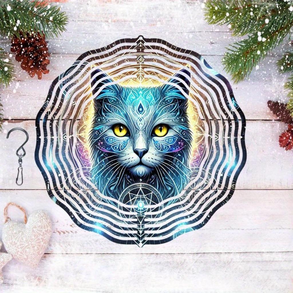 2D Metal Wind Spinner Mysterious Magic Cat Design Outdoor Garden Balcony Decor Dynamic Wind Chime for Autumn Halloween Holiday Gift