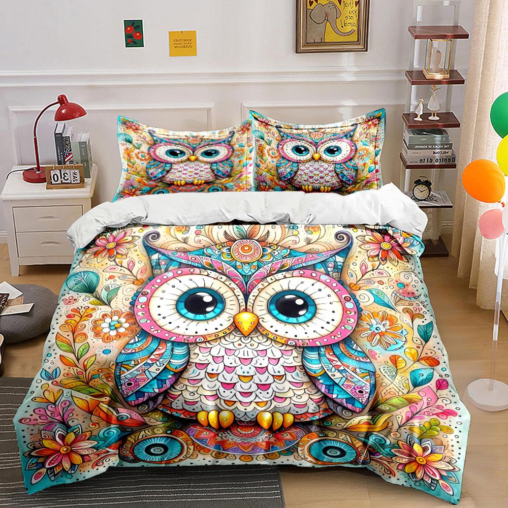 Grosstor Unisex Owls And Colorful Flowers Surround The Art Printed Duvet Cover Set1 Duvet Cover+2 Pillowcasemulti Size Bedroom Bedding Decor