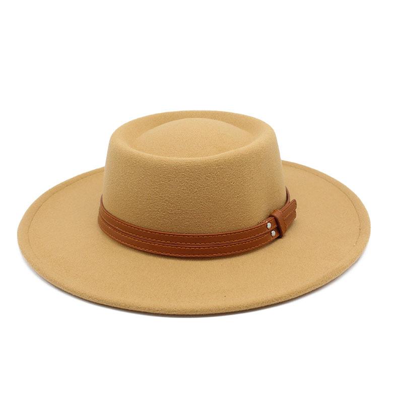 French Double Belt Buckle White Woolen Hat Flat Top Top Hat Female British Retro Style Wide Brim Felt Hat