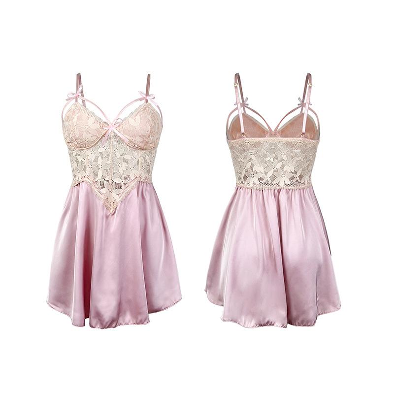 Rochie de noapte cami din satin cu petice de dantelă Sexy Decolteu adânc Decor cu fundă Lenjerie scurtă Îmbrăcăminte de casă 416 Îmbrăcăminte de dormit dulce seducătoare cu accente romantice de fundă