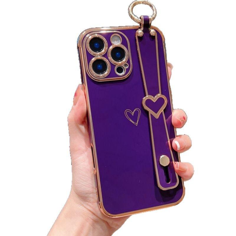 Electroplating Love Applicable iPhone17promax Hollow Love Wrist Strap Apple 16 Bracket Protective Cover 15 Soft