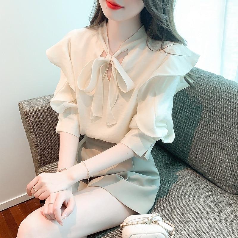 Summer Bow Lace-up Ruffle Chiffon Blouse Casual French Sweet V-neck Top Women 2026 Half Sleeve Shirt Women Clothes Elegant 27485 S абрикосовый