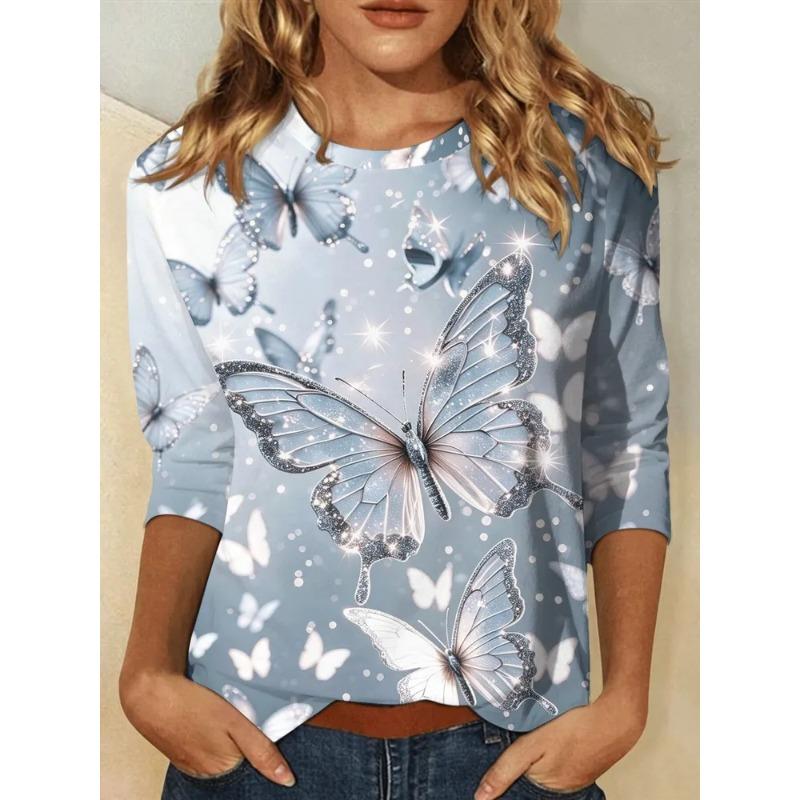 Efterår og Vinter Dame Sommerfugl 3D Printet Rund Hals Langærmet T-shirt