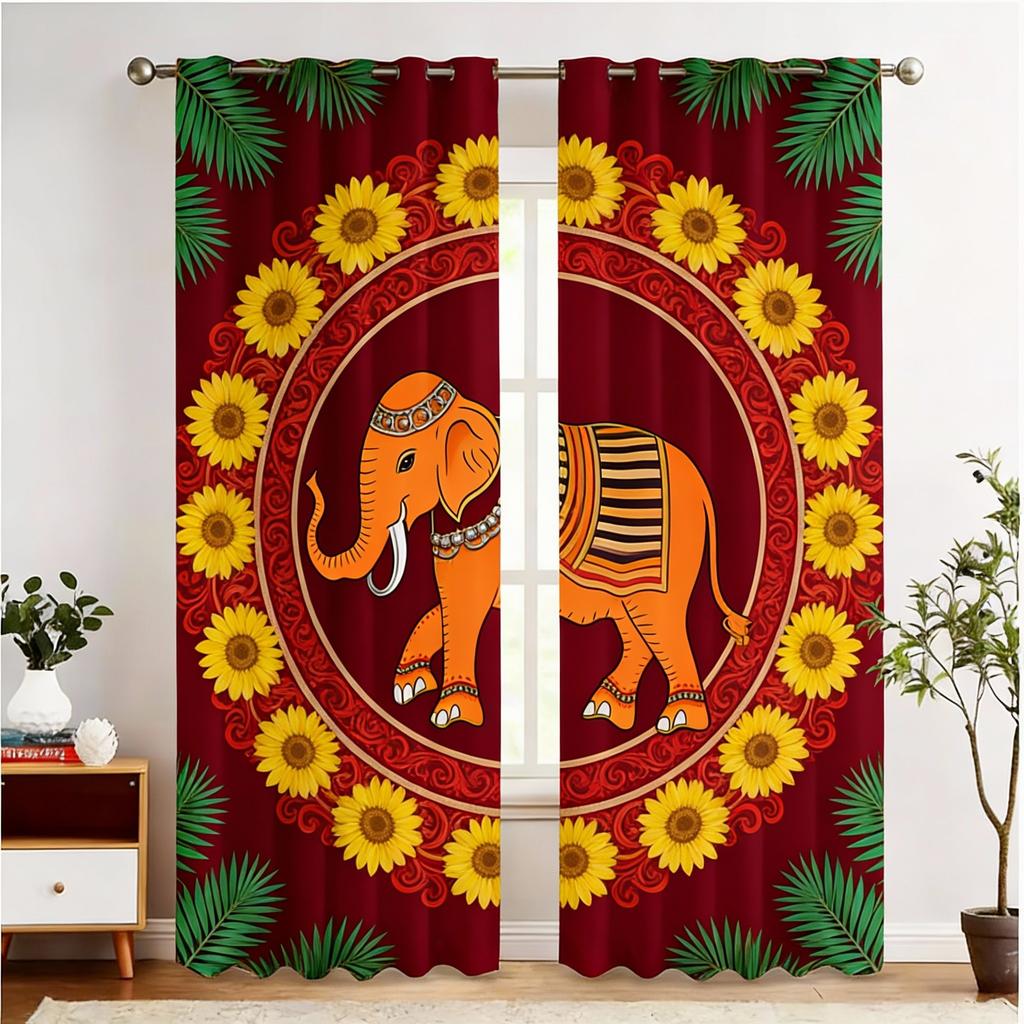 2 stuks Thaise Olifant Print Gordijnen - Levendig Bloemen- en Geometrisch Ontwerp, Verduisterend Stof, Stangzak Ophanging, Machinewasbaar
