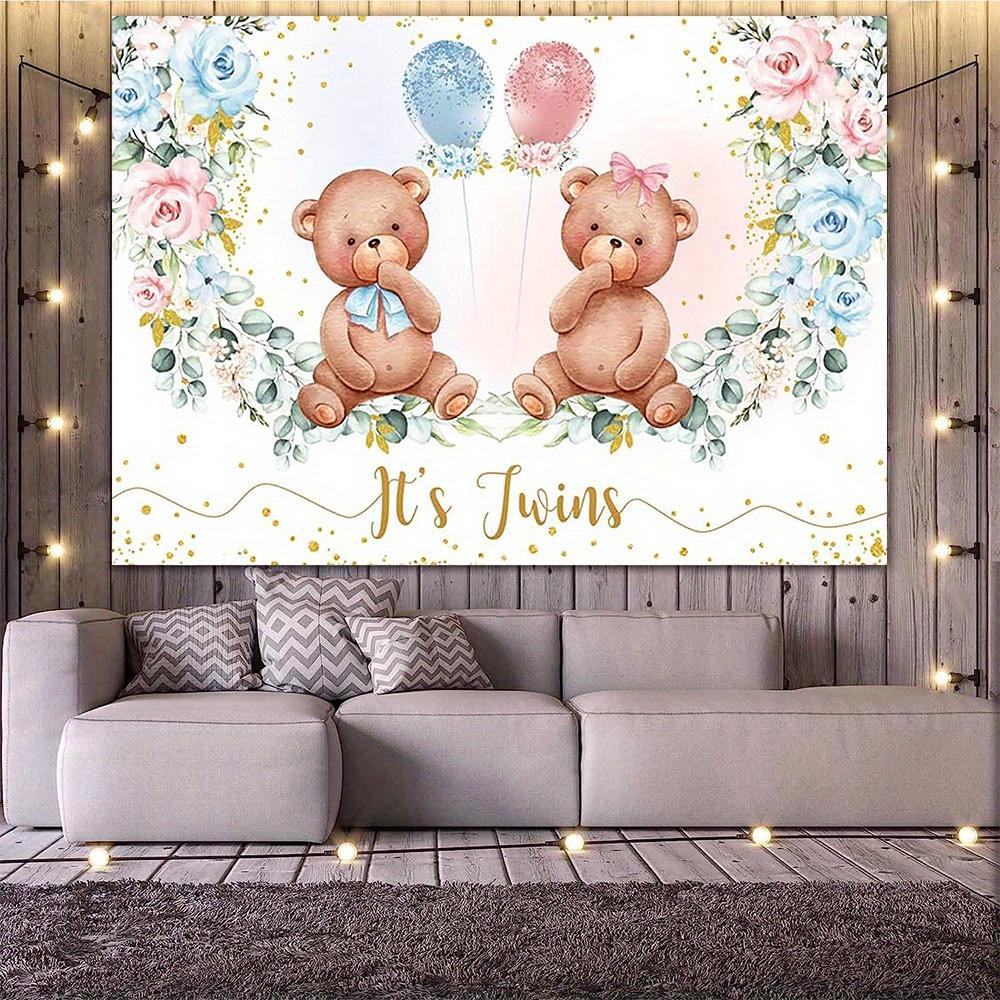 Double Bear Shower Background - Pink and Blue Floral Gender Disclosure Party Decoration, Balloon, Rose, and Gold Decorations