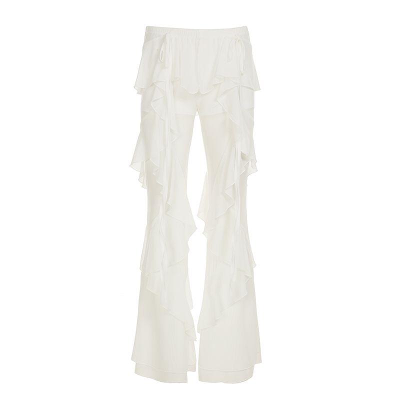 

H Home European and American Women s Clothing Hot California Asymmetrical Ruffles Mesh Casual Pants Stylish Lightweight Sexy Pants White L