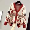 Women Cardigan Sweater Spring Autumn Long Sleeve V-Neck Wild Knitted Jacket Cartoon Printing Thick Sweater Cardigan Coat