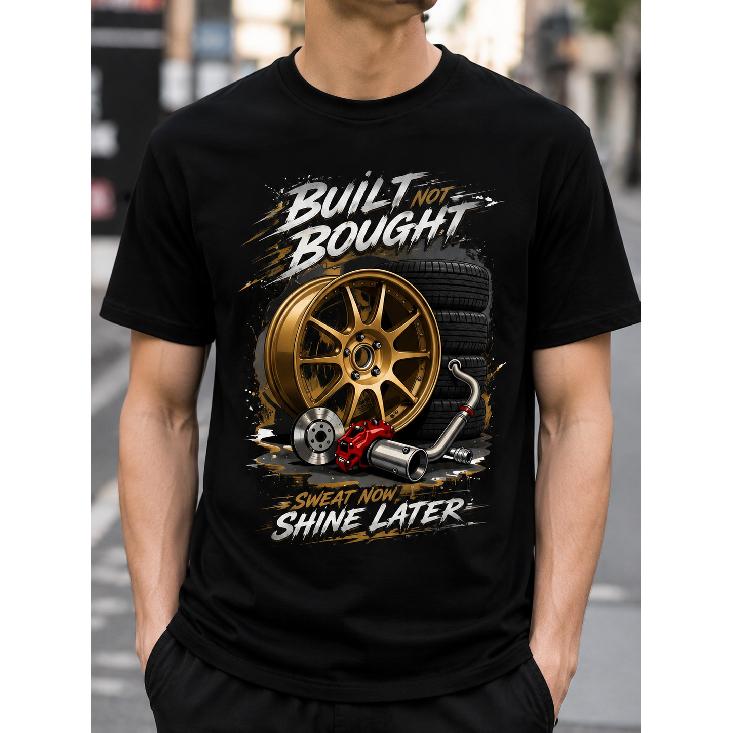 Men s Car Enthusiast Graphic T-Shirt Built Not Bought Sweat Now Shine Later Crewneck Short Sleeve Cotton Casual Streetwear Tee S чёрный