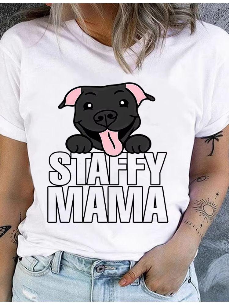 Polyester 100% Staffy Mama Cartoon Staffie Print T Shirt Women Staffordshire Bull Terrier Lover Casual Daily Basic Short Sleeve Top