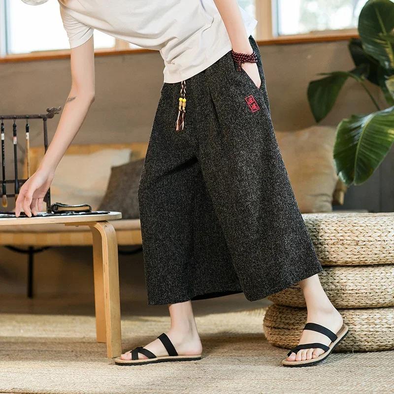 Japan Style Kimono Pants Men Bath Pant Japanese Samurai Harajuku Casual Loose Mens Shorts Yukata Wide Leg Trousers Plus