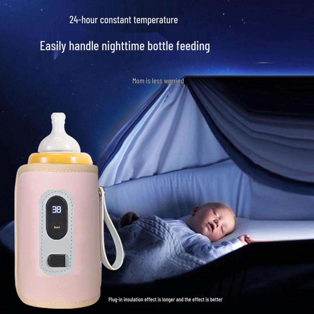 USB Portable Baby Bottle Warmer with Adjustable Temperature, Insulated Sleeve, and Digital Display.