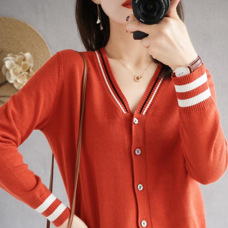 

Вязаный кардиган с V-образным вырезом для женщин, тонкий стиль, хлопковая нить, куртка, весна и осень, новый, облегающий, с длинным рукавом, короткий XXL