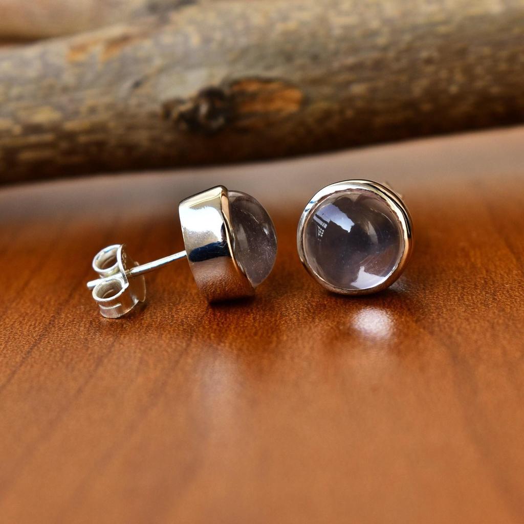 Sterling Silver Rose Quartz Earrings // Rose Quartz Stud Earrings // 10 MM Rose Quartz Cabochon Earrings | Gemstone Studs , Stud Earrings