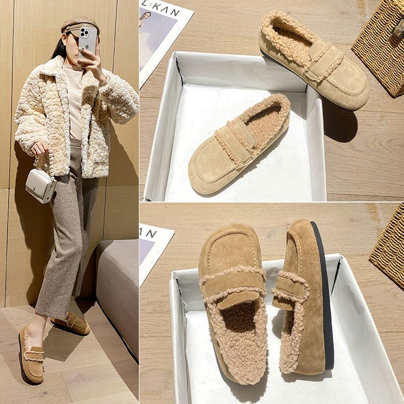 Damen Mokassins aus lockigem Lammfell echtes Leder Fell Flats Damen Band Schnalle Lammwolle Slipper Winter Fellschuhe für Frau