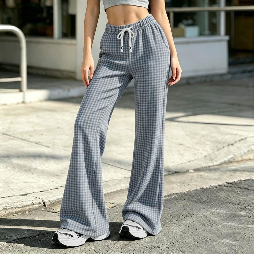 Women's Plaid Flare Pants with Waist for Casual and Home Wear