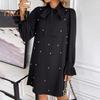 Women Dress Lace-up Bow Faux Pearl A-line Puff Sleeves Pure Color Above Knee Length Mini Dress Prom Party Dating Short Dress