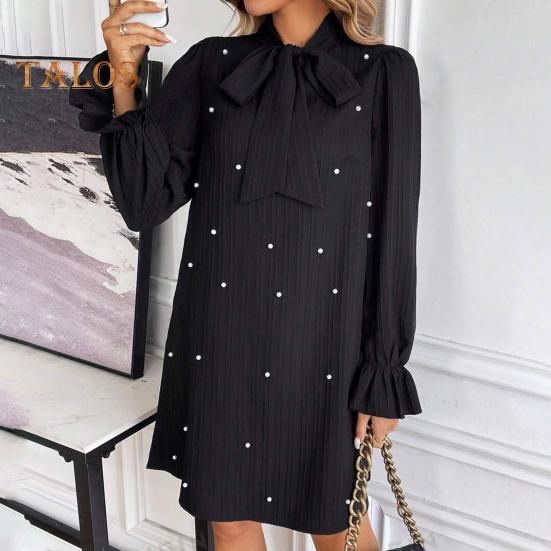 Women Dress Lace-up Bow Faux Pearl A-line Puff Sleeves Pure Color Above Knee Length Mini Dress Prom Party Dating Short Dress