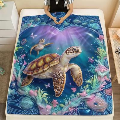 1 STuks Schildpadstijl Print Flanellen Deken, Hoge Kwaliteit Comfortabel voor Alle Seizoenen, Woondecoratie, Warmte en Comfort
