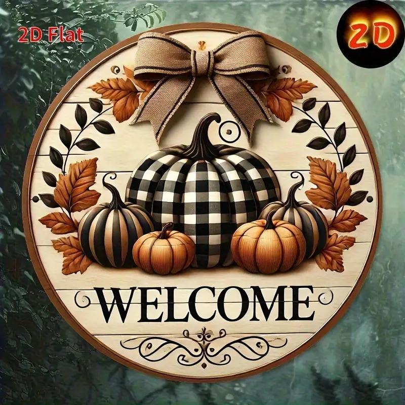 Vintage Fall Pumpkin Welcome Sign Round Metal Tin Sign for Thanksgiving Home Decor