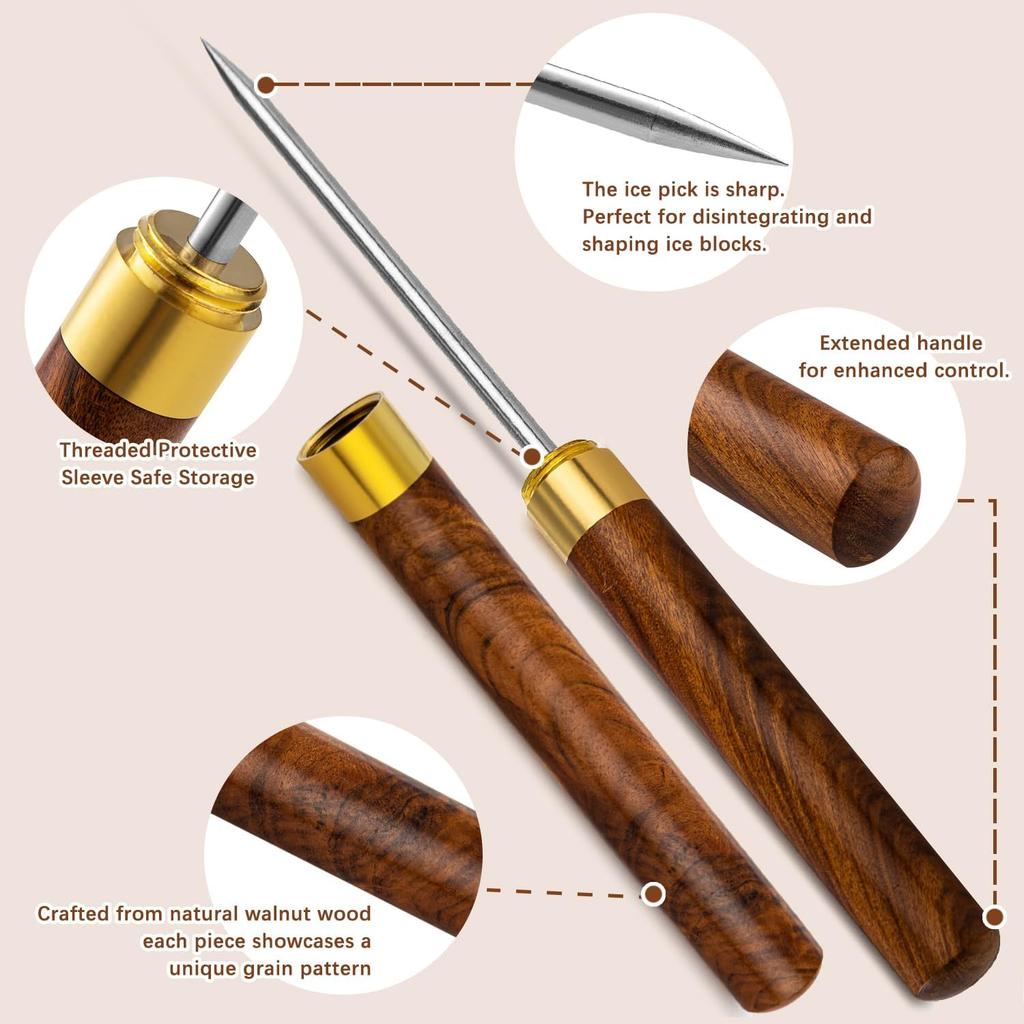 Ice Pick 2Pcs. Ice Picks for Breaking Ice. 9 Inches Length. Secure Wooden Caps and Non-slip Wooden Handles. Easy to Store. For Use in Kitchen Bars