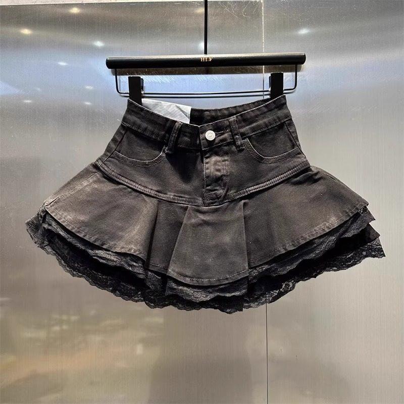 Women's High Waist Denim Mini Skirt A Line Fit Lace Ruffle Layered Cake Skirt Summer Sweet Flared Jean Skirt