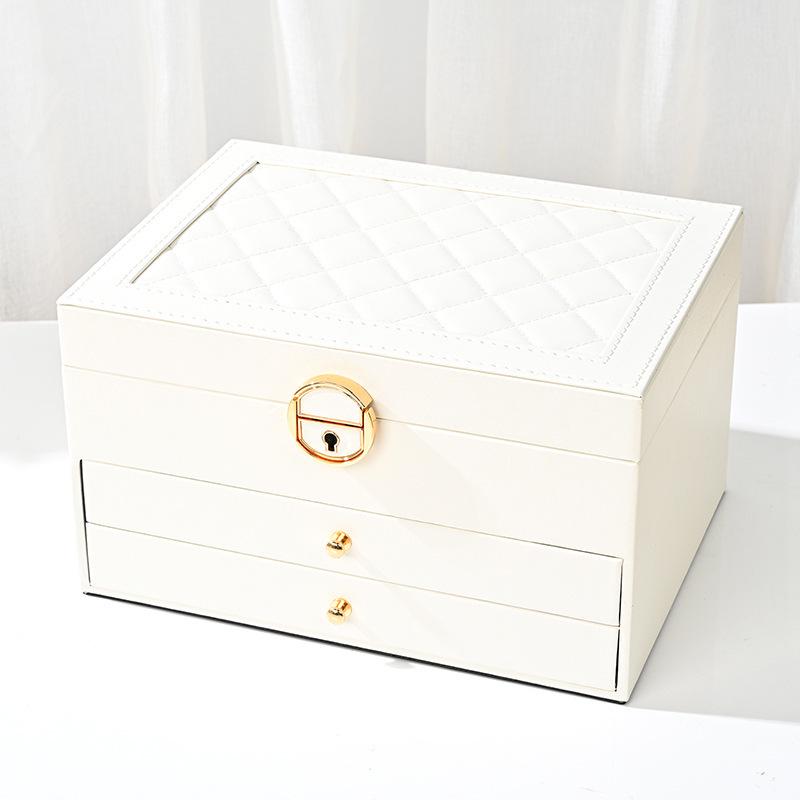 Luxury Three-Layer Leather Jewelry Box with Lock & Drawer for Earrings