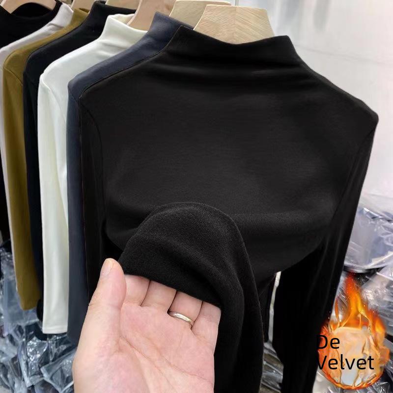 Dámská oboustranně sametově broušená košile s polovičním vysokým límcem, slim fit, hřejivá, s dlouhým rukávem - jednobarevná, podzim/zima.