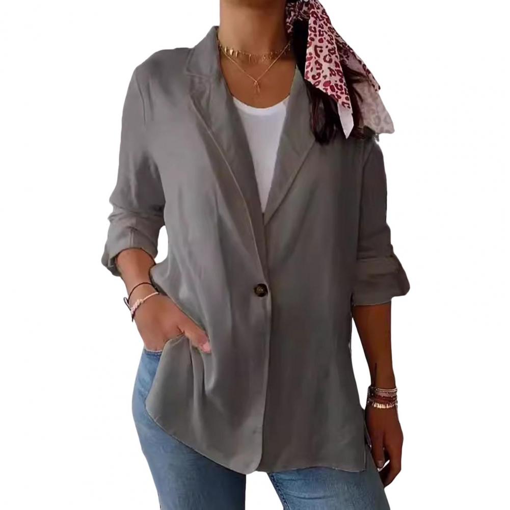 

Женский пиджак с лацканами, длинный рукав, однобортный пиджак с боковыми разрезами, однотонный, на одной пуговице, деловая верхняя одежда M серый