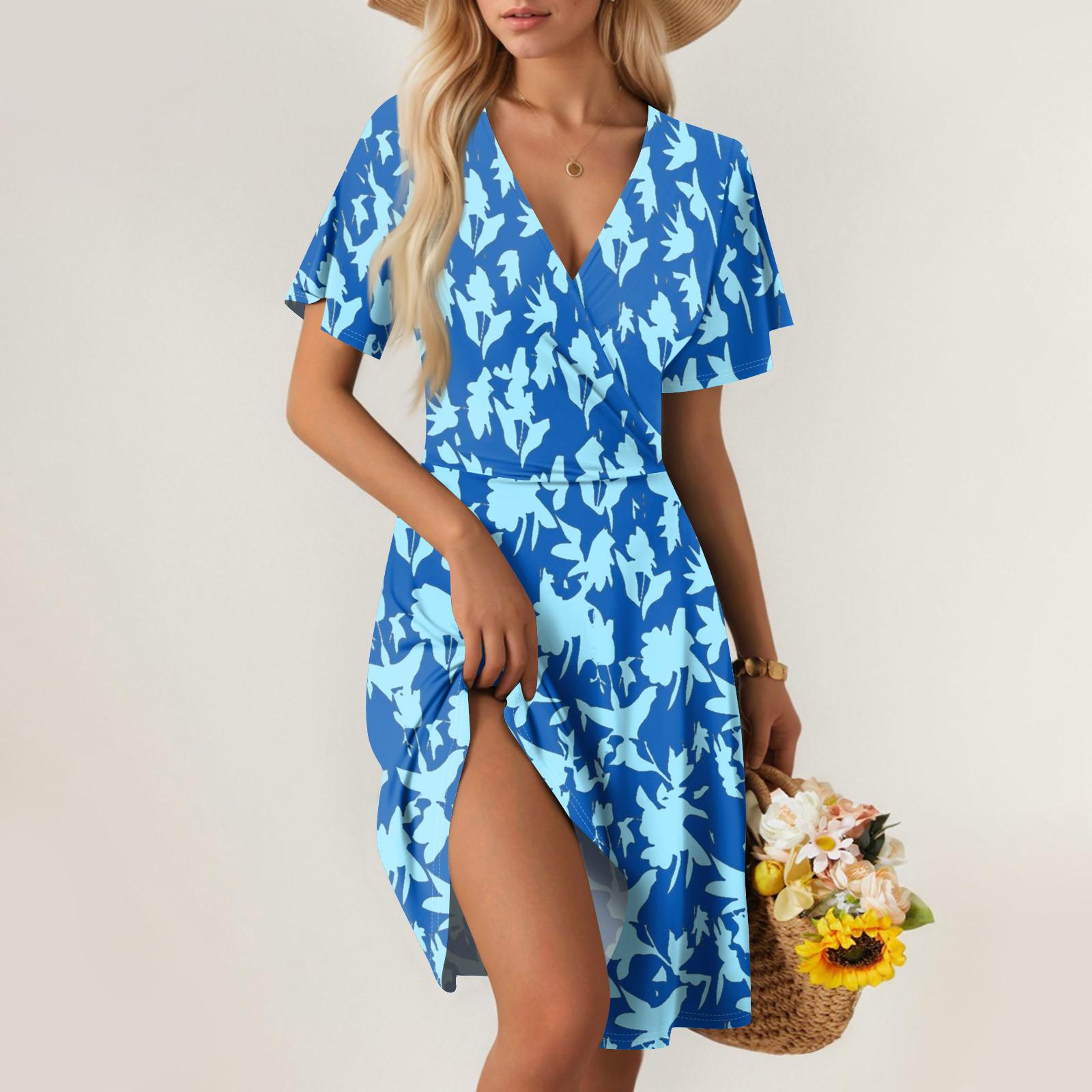 

Женское летнее платье свободного покроя для пляжного отдыха с глубоким V-образным вырезом и коротким рукавом, элегантное платье S синий
