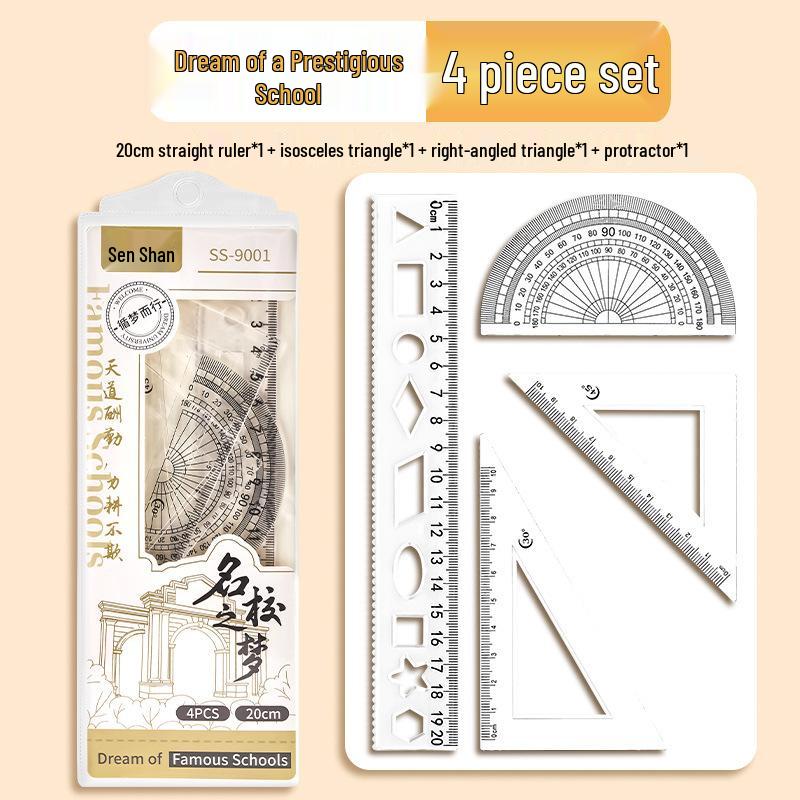 Four-Piece Student Geometry Set: Includes Transparent Set Square, Triangle Ruler (15cm, 20cm), Straight Ruler - Ideal for Exams.