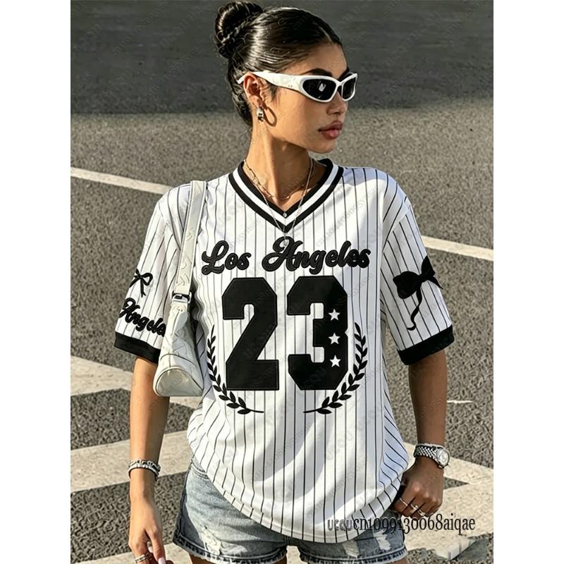 

Summer New Los Angeles 23 Print Stripe T-shirt For Women V-Neck Short Sleeve Tees Sports Football Jersey Y2K Loose Oversized Top XL