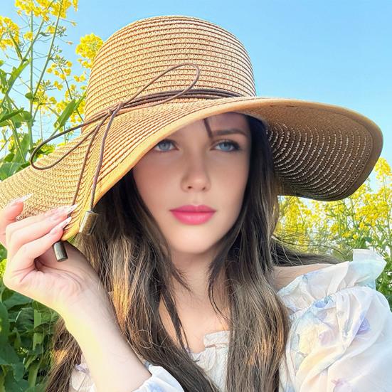 Beach Hat Natural High-Density Straw Fabric Sun Protection Wide Brim Dome Design Sun Hat Lace Bow Faux Pearls Decor Summer Hat