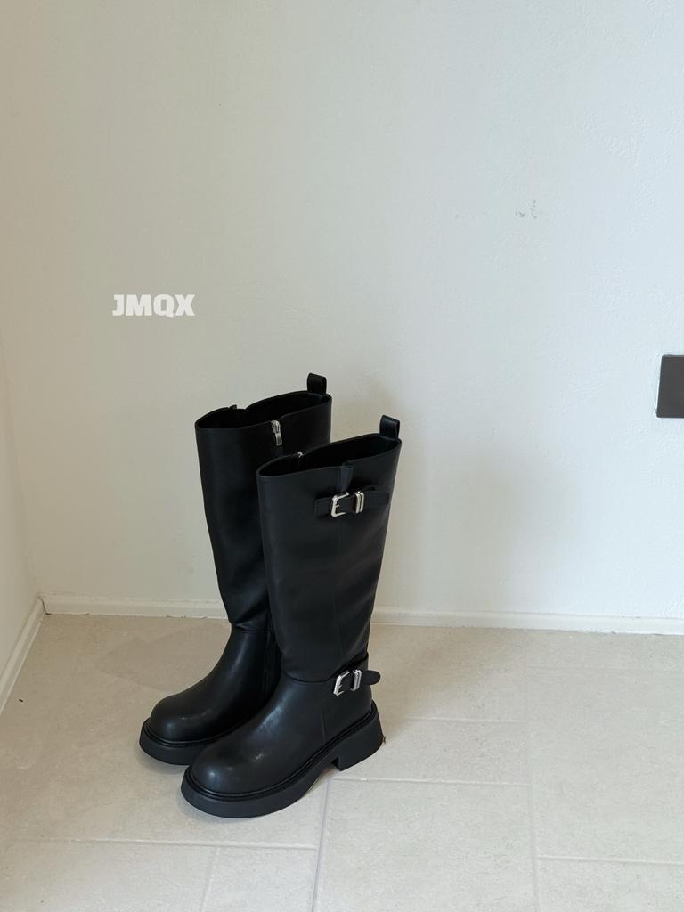 Leather Platform Boots Women's 2025 New Spring and Autumn Knee Knight Boots Brown High Boots Belt Buckle Boots