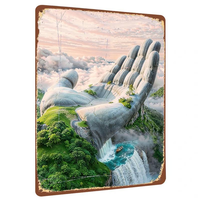 

Fantasy Sky Giant Hand Mountain Landscape Metal Tin Painting Home Living Room Study Wall Art Decor 20x30cm（7.8x11.8inch）