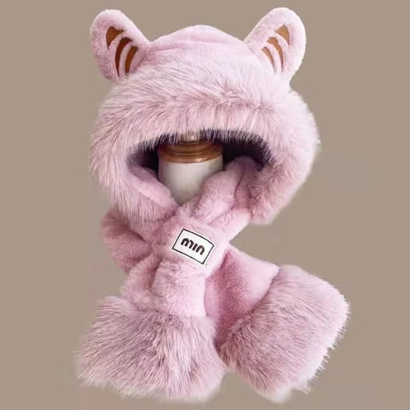 

Женский комплект шарф-шапка с очаровательными тигриными ушками, зимний утолщенный двухпредметный набор для велоспорта, теплая защита ушей, холодостойкая плюшевая шапка розовый