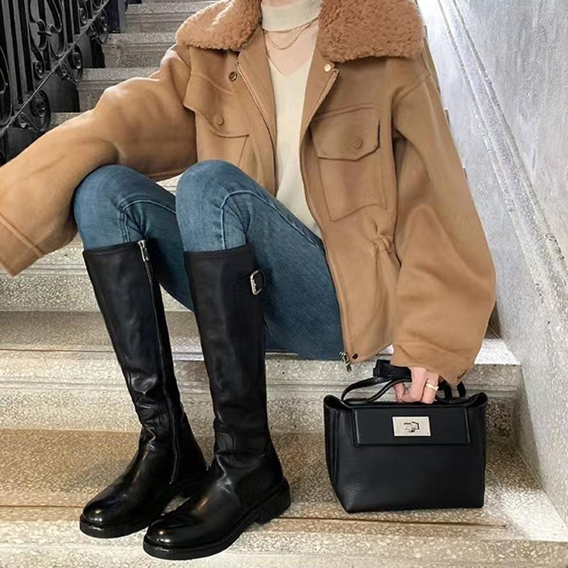 Grape mother autumn and winter washed inside and outside full horse leather thick-soled medium tube knight boots side zipper belt buckle high